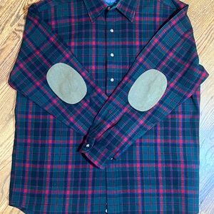 Pendleton Red and Green Plaid Shirt with Tan Elbow Patches